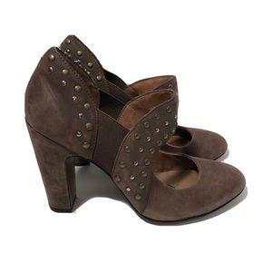 No 705b. Anthropologie Prima Suede studded heels.  Size 39.